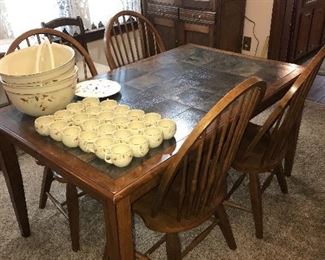 ANTIQUE COUNTRY PRIMITIVE WOOD AND TILE TABLE AND CHAIRS