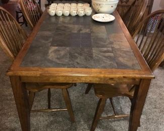 ANTIQUE COUNTRY PRIMITIVE WOOD AND TILE TABLE AND CHAIRS