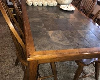 ANTIQUE COUNTRY PRIMITIVE WOOD AND TILE TABLE AND CHAIRS