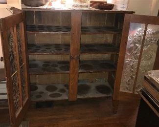 ANTIQUE COUNTRY PRIMITIVE AUTUMN LEAF PUNCH TIN AND WOOD KITCHEN CABINET 