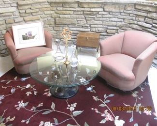 two chairs and rug are marked sold, table and box still available
