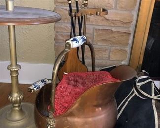 Copper pot and fireplace tools