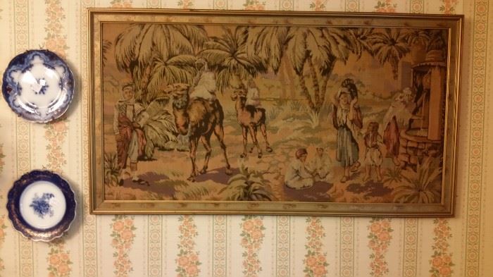 Large framed tapestry and tow flo-blue plates