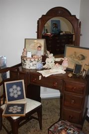 Walnut antique mirrored chest with matching chair