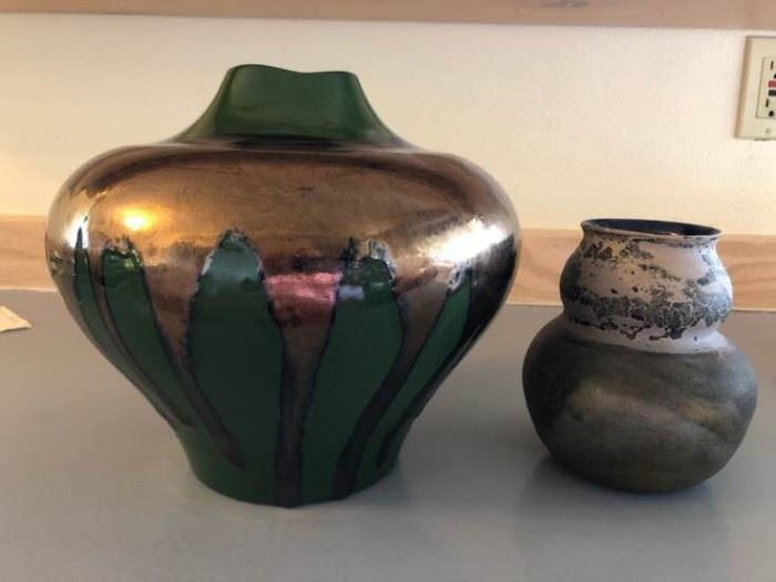Foxfire Glass Vase and Hager Green Pottery