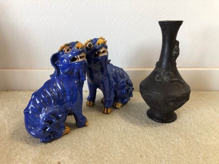 Vintage Black Clay Bud vase with dragons