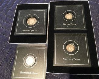 1903 Barber Quarter, 1911 Barber Dime, 1944 Mercury Dime, 1951 Roosevelt Dime