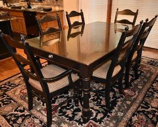 BEAUTIFUL WOOD (BLACK) DINING/KITCHEN TABLE W/2 STORAGE DRAWERS, GLASS TOP & 6 CHAIRS