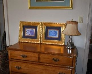 BASSETT DRESSER, WALL ART, LAMP