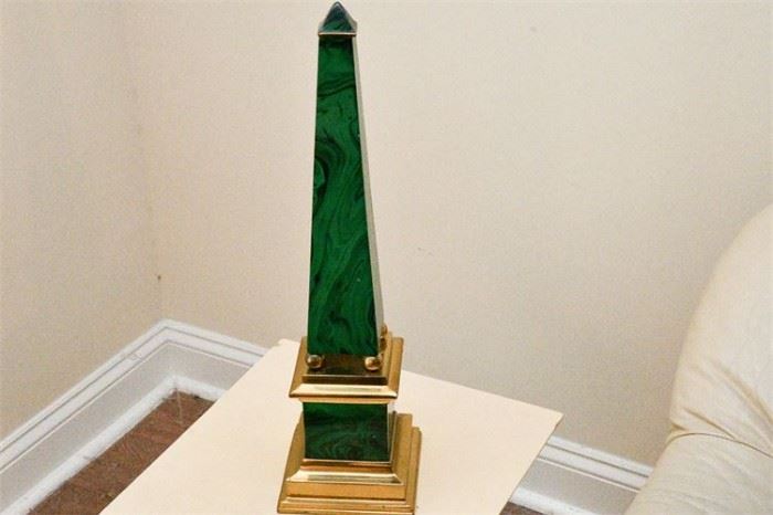 30. Neoclassical Style Obelisk in Faux Malachite Brass