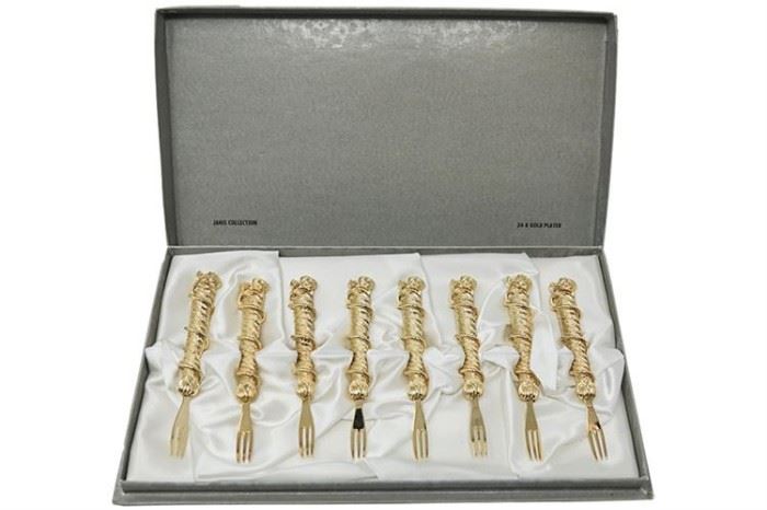 146. Eight 8 24K Gold Plates Hors doeuvres Forks from JANIS COLLECTION