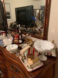 Bed room dresser and mirror 
Perfume Bottles!!! Many sizes!
Mirrored vanity sets. 

Jewelry boxes and holders.,