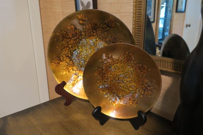 Pair Mid Century Signed Kareka Copper Enamel Plates