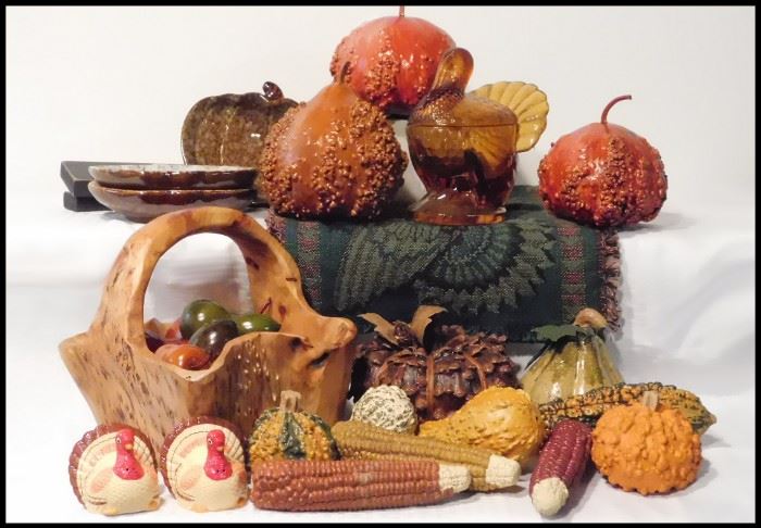 Autumn Decorations including a Beautifully Carved Wooden Basket.