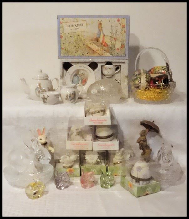 Easter Treasures including Peter Rabbit Wedgwood Tea Set, Snowbunnies and Fostoria.