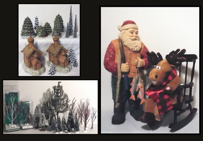 Christmas Trees Village Birch and Bare Bark plus Large Wooden Santa and Reindeer.