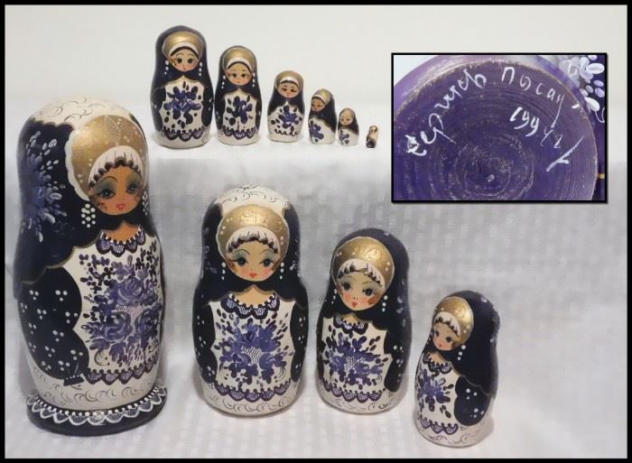 Ten Piece Nesting Dolls. Made in Minsk and painted in Gold and Prussian Blue.