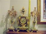 Green Onyx Shelf Clock and Candle Garnitures with Gold Gilded Accents
21" Tall