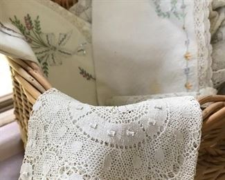 Linens, embroidered linens, vintage lace