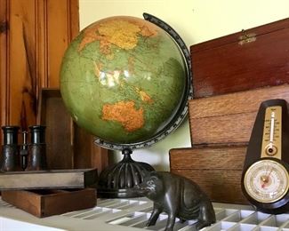 Antique world globe, wooden boxes