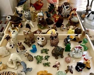 Animal figures, owls, musical figurines, pink flamingo