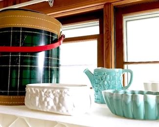 Vintage green plaid cooler, vintage pottery