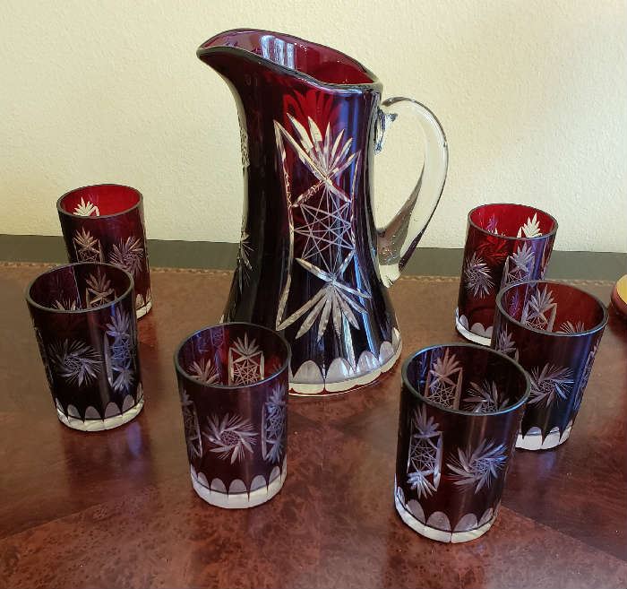 Bohemian Romania Crystal Ruby Red Cut to Clear Pitcher & Six Glasses