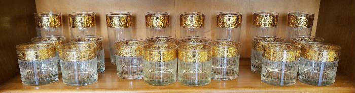 Water and High Ball Glasses with Gold Band