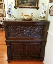 Antique Walnut Chest with High Relief Wood Carving