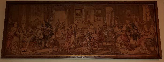 Antique Framed English Tapestry Parlor Scene c 19th Century