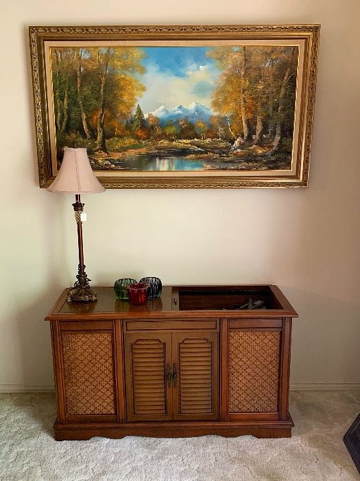 Vintage RCA Record Player Stereo cabinet.   Beautiful decorative Painting