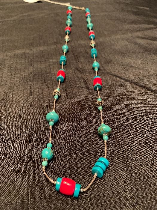 Sterling silver necklace with turquoise and coral. 