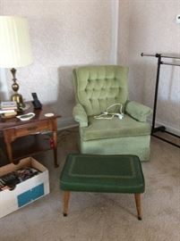 MODERN GREEN APOLSTERED CHAIR VINTAGE FOOTSTOOL-PAIR OF MAPLE END TABLES