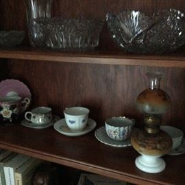 EARLY MINI LAMP CUP & SAUCERS PRESSED GLASS