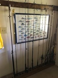 Fishing rods / reels, tackle boxes and lures.
