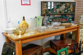 Reproduction shadow boxes, contemporary glassware and pottery