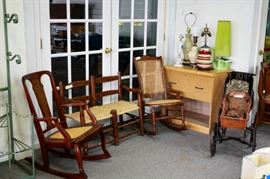 Child's double seat bench, caned rockers, lamps, etc.