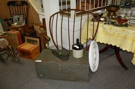 Corner Horse hay holder, rocking chair, andirons, wood trunks, etc.