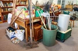 Gardening rakes, shovels, cooler