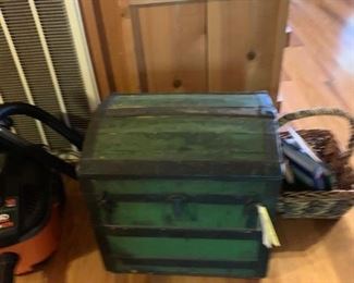 #8 small antique wood camel back trunk $75.00