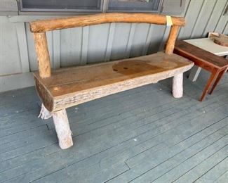 #31 hand made 1/2 log bench w back HEAVY you move $175.00