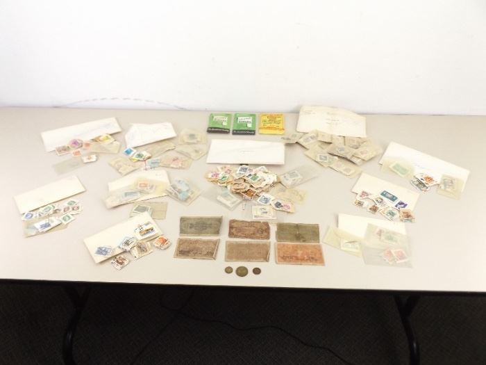 Collection of Antique Foreign Stamps and Currency
