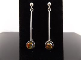 .925 Sterling Silver Copper Dichroic Art Glass Bar Dangle Earrings