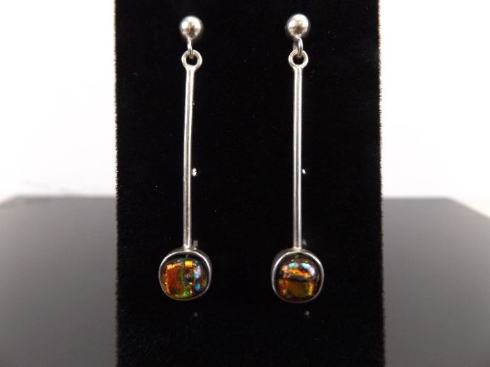 .925 Sterling Silver Copper Dichroic Art Glass Bar Dangle Earrings
