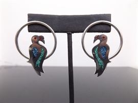 .925 Sterling Silver Inlayed Enamel Parrot Hoop Earrings