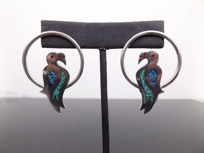 .925 Sterling Silver Inlayed Enamel Parrot Hoop Earrings
