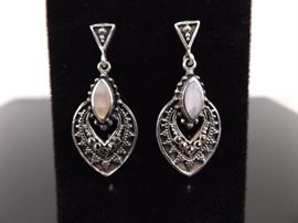.925 Sterling Silver Mother of Pearl Art Nouveau Dangle Earrings