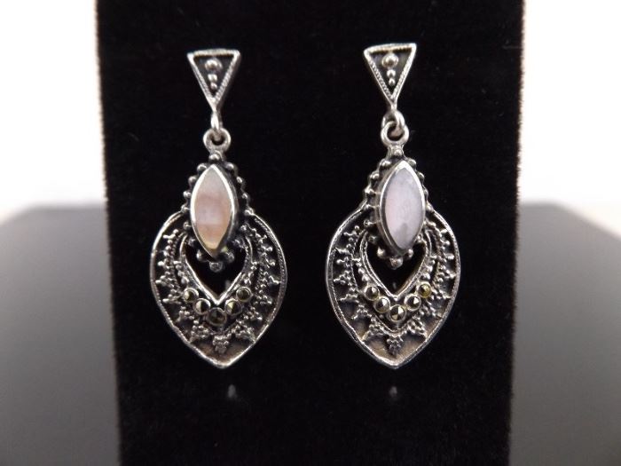 .925 Sterling Silver Mother of Pearl Art Nouveau Dangle Earrings
