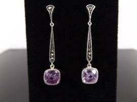 .925 Sterling Silver Faceted Amethyst Crystal Dangle Bar Earrings