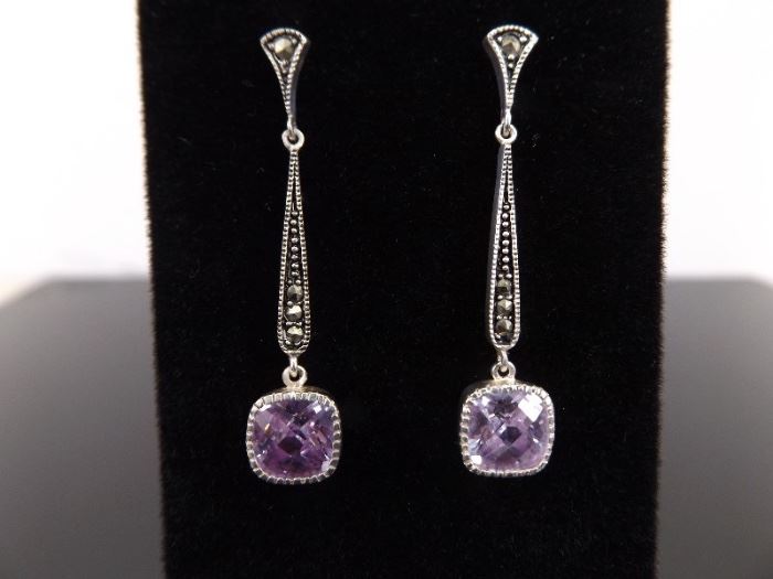 .925 Sterling Silver Faceted Amethyst Crystal Dangle Bar Earrings
